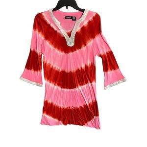 Raviya Swim Coverup Womens Small Red Pink Tie Dyed Sequin Neck Lower Sleeve New